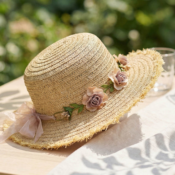Tan Woven Straw Flat Brim Hat with Removable Bow Ribbon