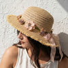Tan Woven Straw Flat Brim Hat with Removable Bow Ribbon