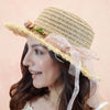 Tan Woven Straw Flat Brim Hat with Removable Bow Ribbon