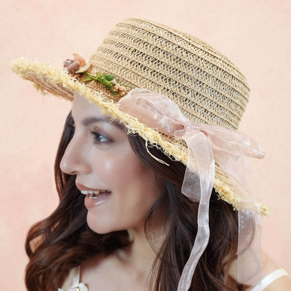 Tan Woven Straw Flat Brim Hat with Removable Bow Ribbon