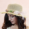 Tan Woven Straw Flat Brim Hat with Removable Bow Ribbon