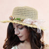 Tan Woven Straw Flat Brim Hat with Removable Bow Ribbon