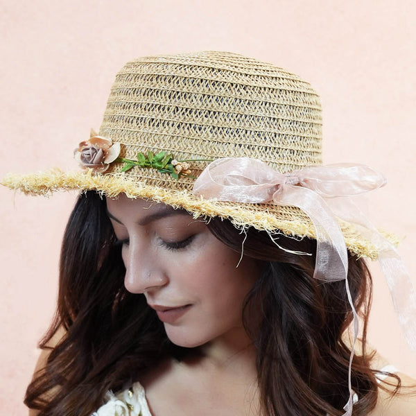 Tan Woven Straw Flat Brim Hat with Removable Bow Ribbon