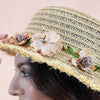 Tan Woven Straw Flat Brim Hat with Removable Bow Ribbon
