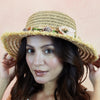 Tan Woven Straw Flat Brim Hat with Removable Bow Ribbon