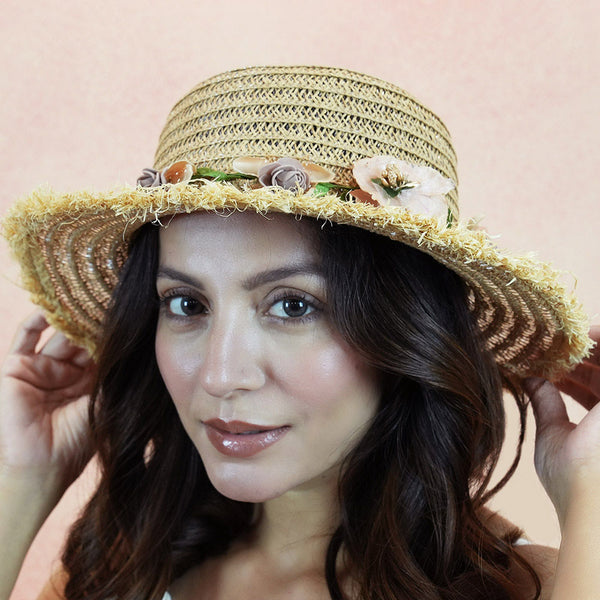Tan Woven Straw Flat Brim Hat with Removable Bow Ribbon