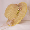 Tan Woven Straw Flat Brim Hat with Removable Bow Ribbon