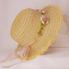 Tan Woven Straw Flat Brim Hat with Removable Bow Ribbon