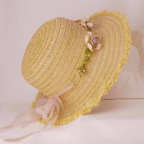 Tan Woven Straw Flat Brim Hat with Removable Bow Ribbon