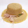 Tan Woven Straw Flat Brim Hat with Removable Bow Ribbon