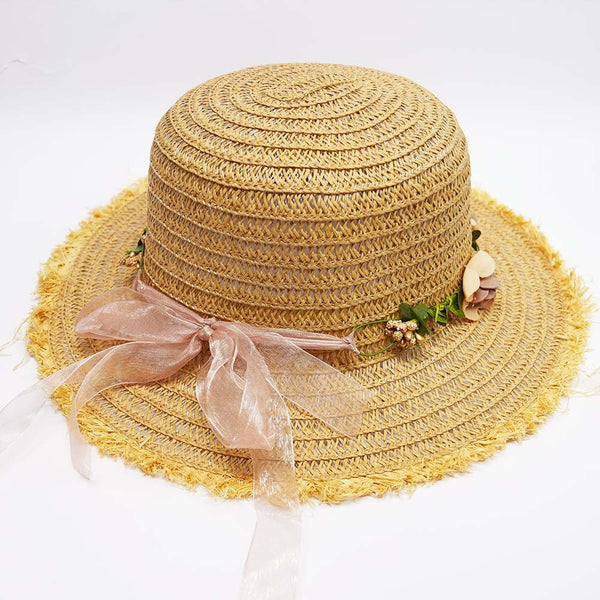 Tan Woven Straw Flat Brim Hat with Removable Bow Ribbon