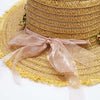 Tan Woven Straw Flat Brim Hat with Removable Bow Ribbon