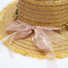 Tan Woven Straw Flat Brim Hat with Removable Bow Ribbon
