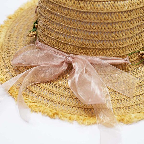 Tan Woven Straw Flat Brim Hat with Removable Bow Ribbon