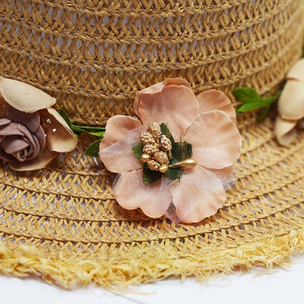 Tan Woven Straw Flat Brim Hat with Removable Bow Ribbon