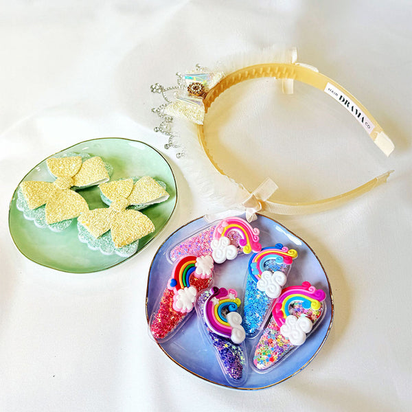 Little Miss Sunshine Set – Glitter Hairband + Bow & Rainbow Clips