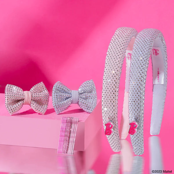 Barbie Kids Rhinestone Gift Box with 2 Puff Hair Bands with Barbie Charm, 2 Hair Bows & 12 Hair Pins