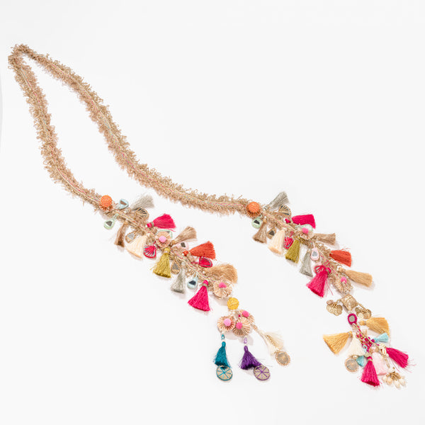 Ethnic braid accessory with colourful tassels and ghungroo for mehendi and haldi hairstyles