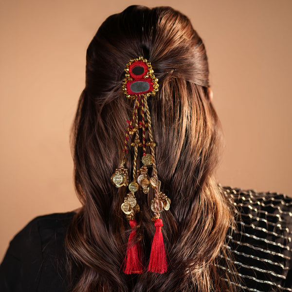 Coin & Mirror Hair Tassels with U Pin - Red
