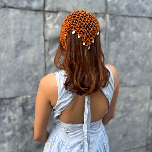 Bohemian Crochet Headscarf with Shell Charms - Brown -Small