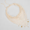 Crochet headscarf in off white with gold celestial charms that move, ties as bandana or wrap