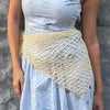 Off-white crochet headscarf styled as bandana, hair wrap, or crochet belt - medium size versatile