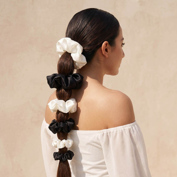 Black & White Silk Satin Scrunchies- Set of 6
