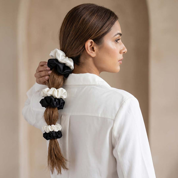 Black & White Silk Satin Scrunchies- Set of 6