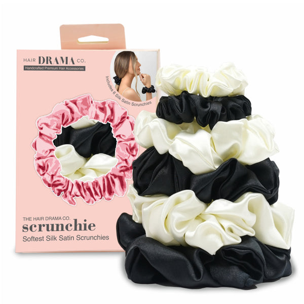 Black & White Silk Satin Scrunchies- Set of 6
