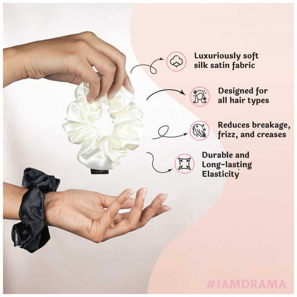 Black & White Silk Satin Scrunchies- Set of 6