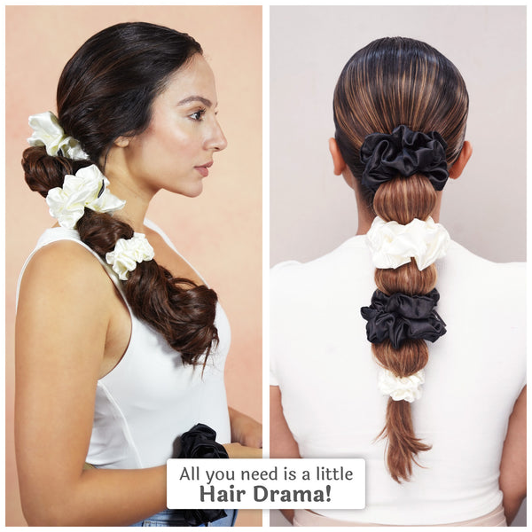 Black & White Silk Satin Scrunchies- Set of 6