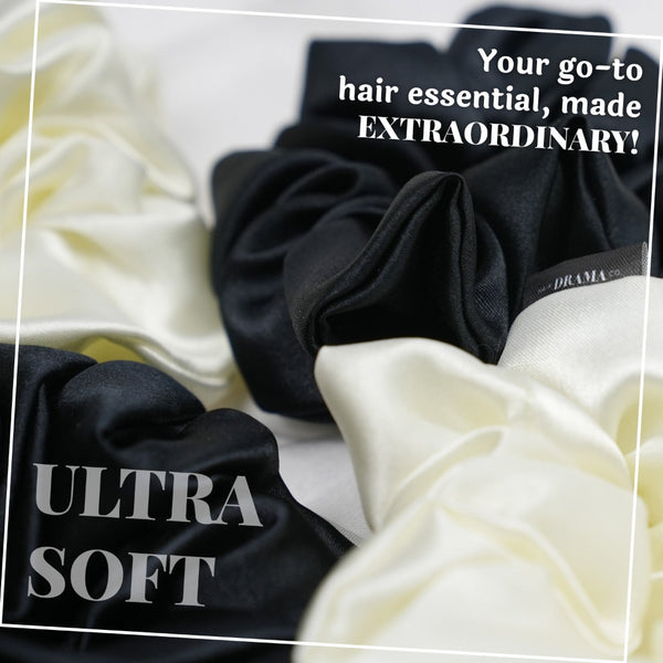 Black & White Silk Satin Scrunchies- Set of 6