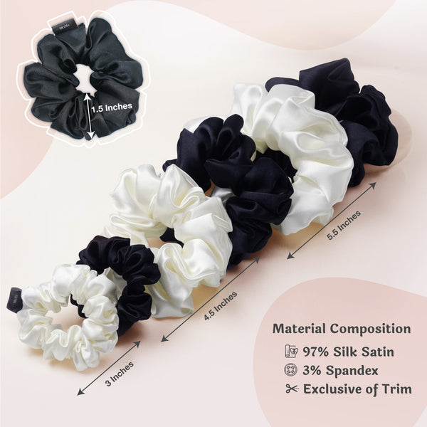 Black & White Silk Satin Scrunchies- Set of 6