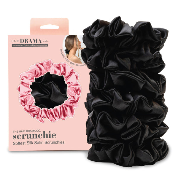 Black Silk Satin Scrunchies- Set of 6
