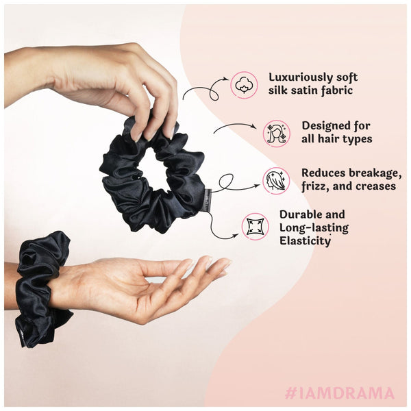 Black Silk Satin Scrunchies- Set of 6