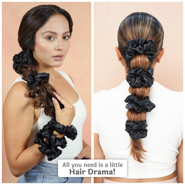Black Silk Satin Scrunchies- Set of 6