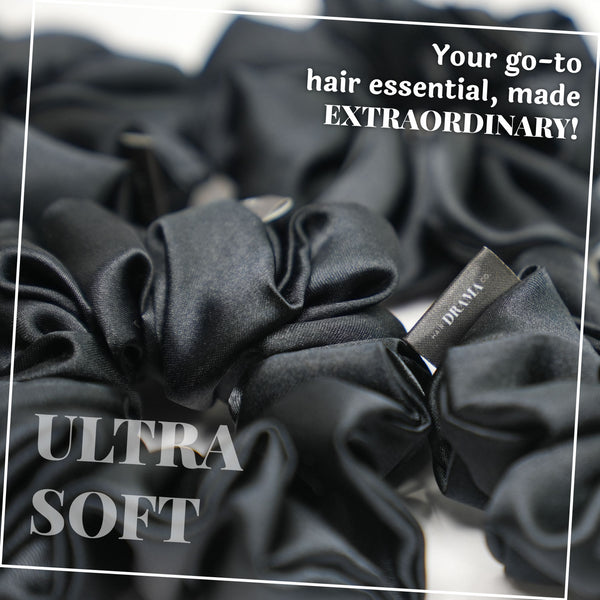 Black Silk Satin Scrunchies- Set of 6