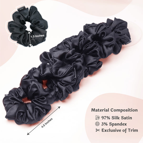 Black Silk Satin Scrunchies- Set of 6