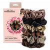 A set of six neutral silk satin scrunchies in beige, black, and pink, displayed in a stack with the brand 'Hair Drama Co.' at the top showing a model using a beige scrunchie.
