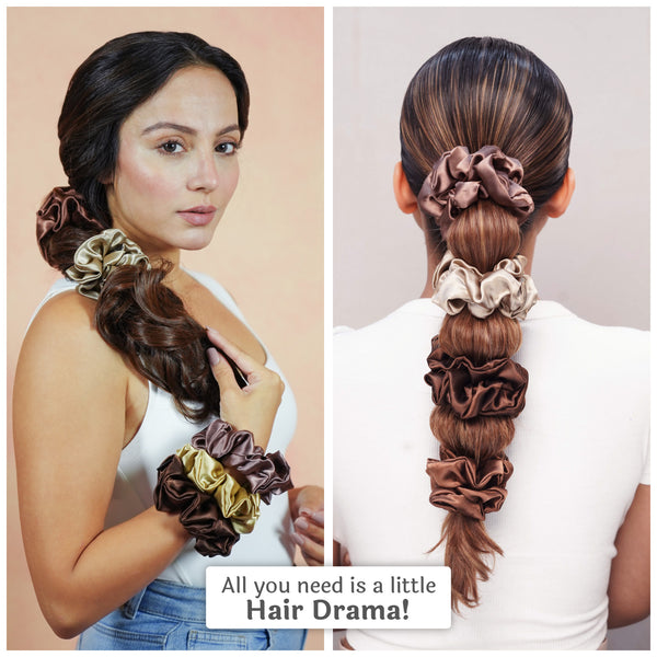 Neutral Silk Satin Scrunchies- Set of 6