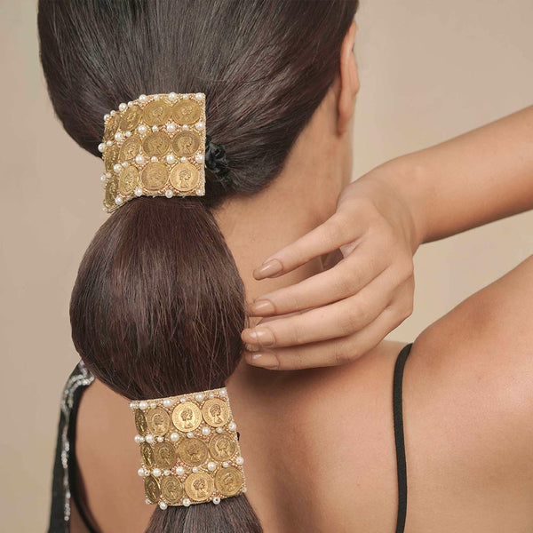 Embellished Coin Ponytail Holder - Gold