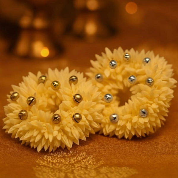 Yellow flower-shaped objects with embedded beads on a gold background