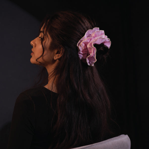Pink Gingham Oversized Ruffle Scrunchie