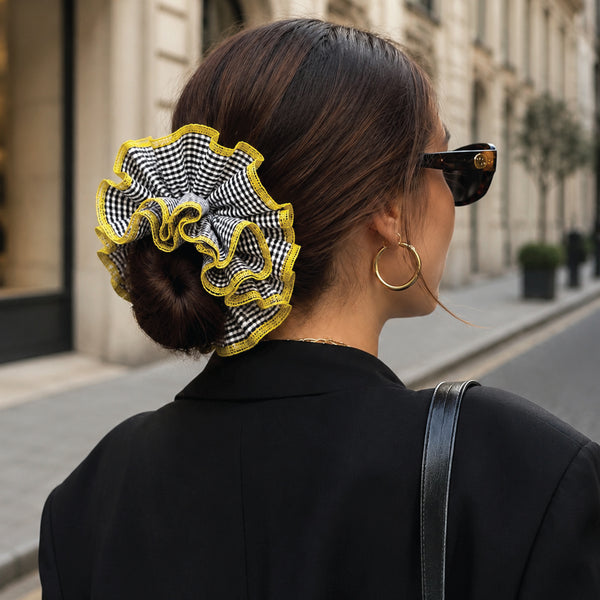 Black Gingham Oversized Ruffle Scrunchie