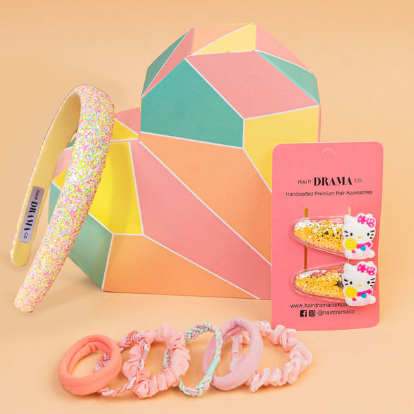 Sparkle & Shine 9 Pieces Gift Box with 1 Shimmer Hair Band, 2 Hair Pins & 6 Hair Ties - Pink & Yellow
