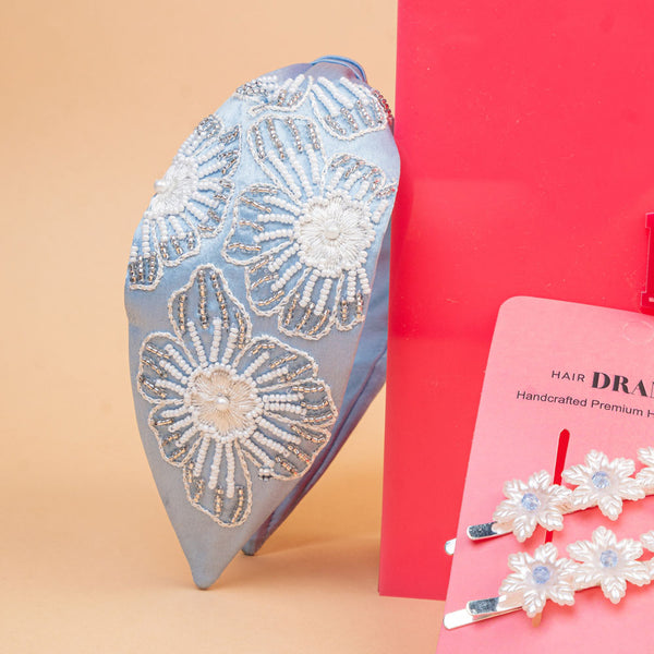 Glitzy Gift Box with 1 Knotted Hair Band, 1 Pearl Hair Bow, 2 Hair Pins & 4 Scrunchies - Blue