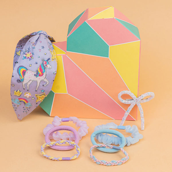 Purple Unicorn Gift Box with 1 Knotted Hair Band, 1 Glitter Hair Bow & 6 Hair Ties