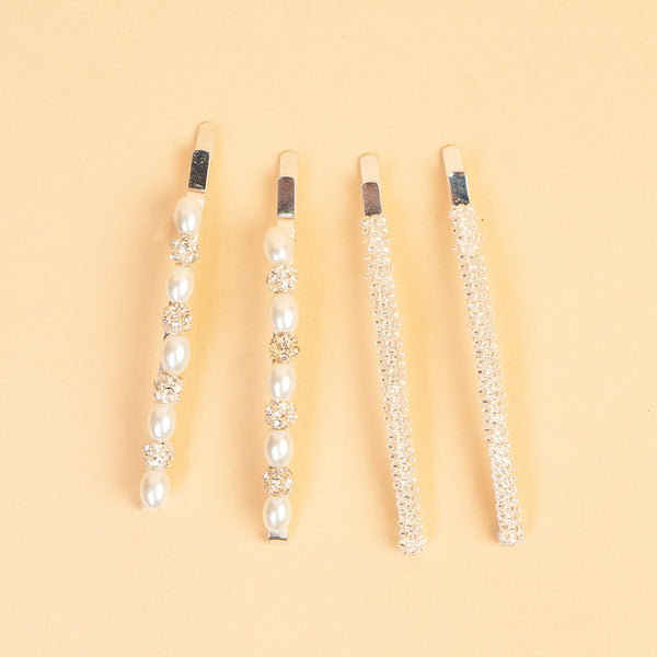 Pearl & Crystal Hair Pins - Set of 4 - Off-White
