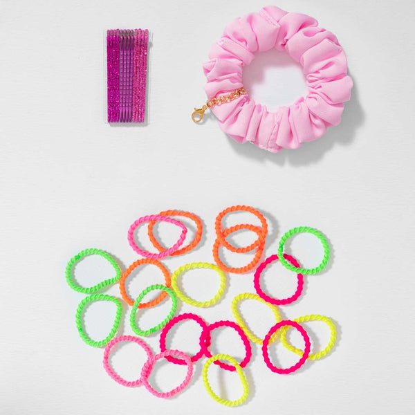 DIY Hair Drama Box with 2 Hair Bands, 1 Scrunchie, 4 Mini Bows, 20 Hair Ties, 12 Exclusive Charms & 100+ Crystals - Pink & Lilac