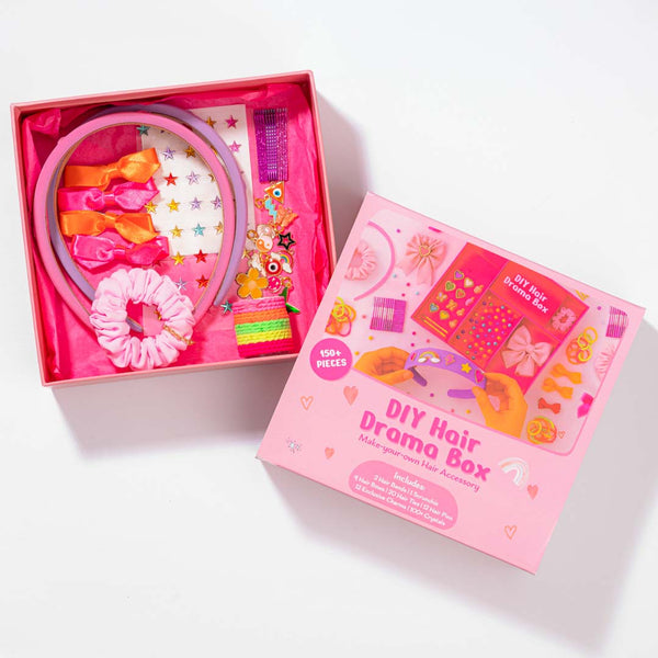 DIY Hair Drama Box with 2 Hair Bands, 1 Scrunchie, 4 Mini Bows, 20 Hair Ties, 12 Exclusive Charms & 100+ Crystals - Pink & Lilac